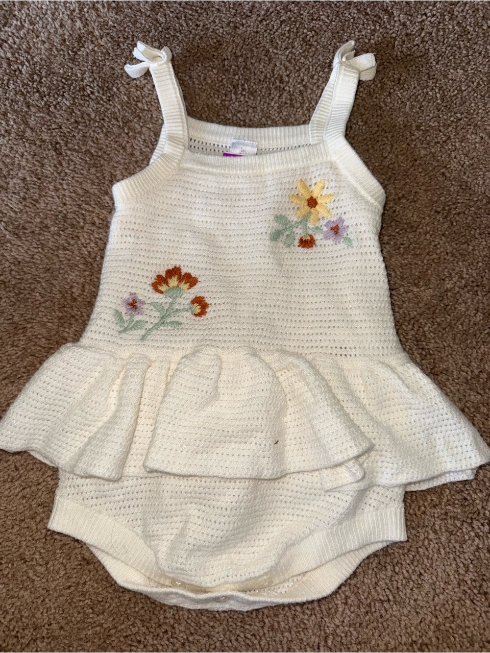 Cream Knit Floral-Embroidered Girls' Romper Dress